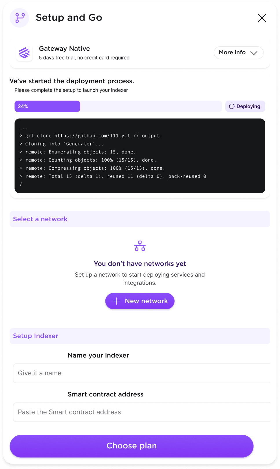 Deployment drawer: Setup and Go, with a live git clone log