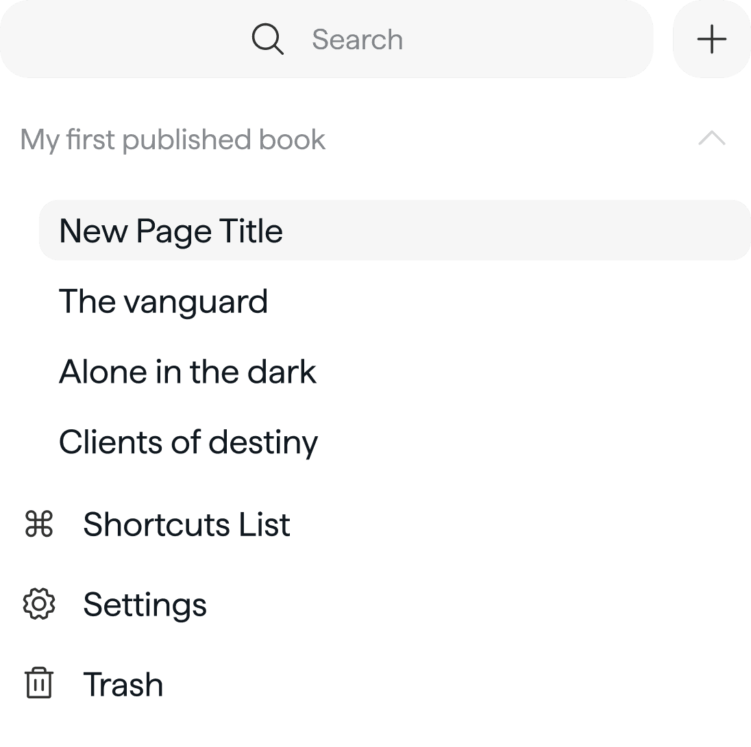Writing app sidebar with search, a book's pages and shortcuts